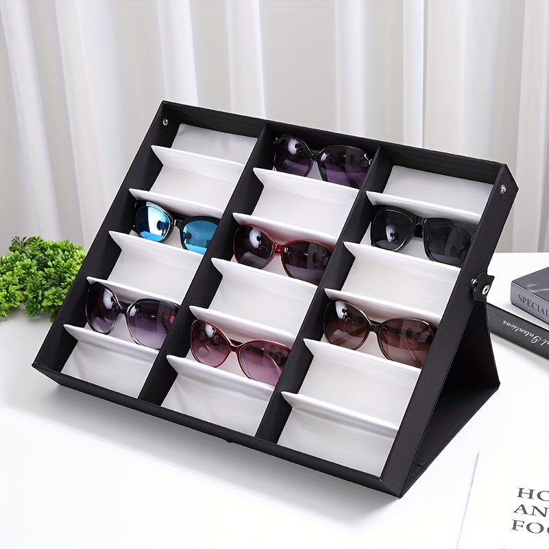 Upgraded 18-slot glasses organizer with clear lid, fabric lining, and snap close. Ideal for displaying glasses in stores.