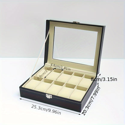 Fashion watch box with 10 slots, PU Leather, clear window, black, rectangular shape, flip-top closure, faux leather interior.