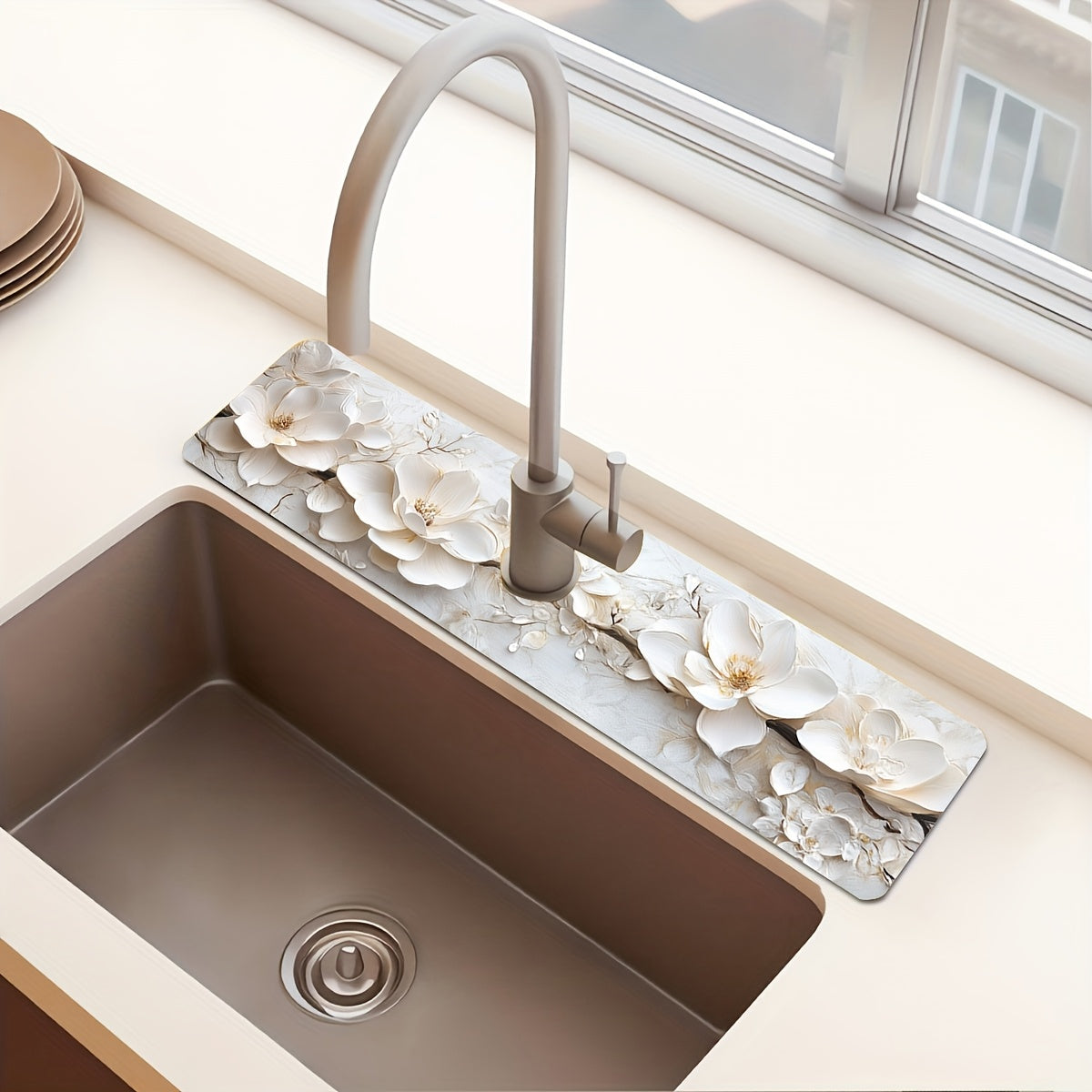 Add a touch of elegance to your kitchen or bathroom with this 3D floral faucet mat in white. Made of durable and moisture-proof polyester, it is splash absorbent and features a suction cup for easy installation. Perfect for adding some style to your