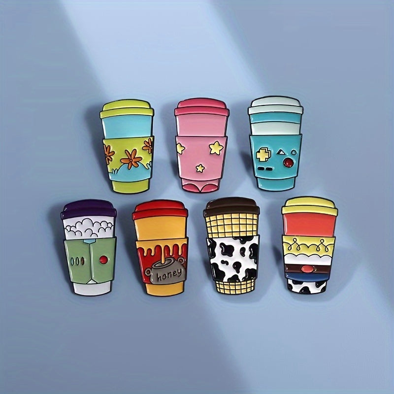 Set of 9 adorable cartoon coffee cup brooches - made of alloy, featuring a fun and simple design to add flair to your clothing accessories