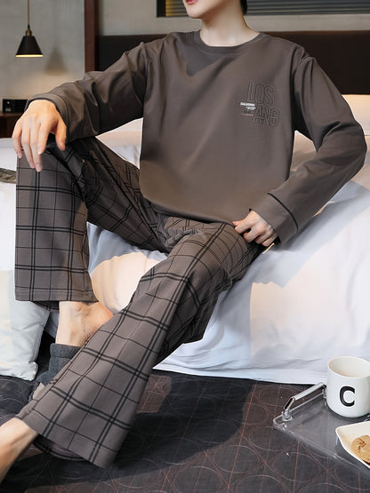 Men's plaid pajama set made of polyester knit fabric with slight stretch, includes crew neck long sleeve top and pants for loungewear sleepwear in spring/summer/fall.