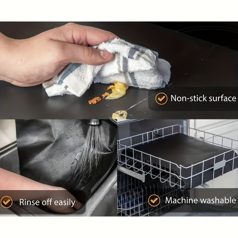 Non-stick oven liner made from glass fiber, suitable for electric and gas ovens and grills, safe for food contact. Ideal for baking and grilling.