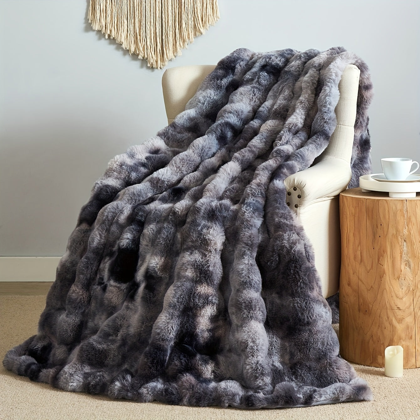 One piece of tie-dye faux rabbit fur blanket with shaggy short plush material for a soft, fluffy bed or sofa blanket, perfect for cozy naps and throws.