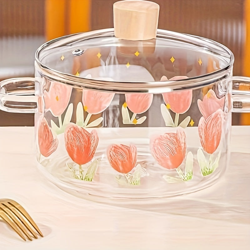 Soup pot printed with tulips made from borosilicate glass, measuring 23.0cm/9in and suitable for use with induction cookers. Has a capacity of 1700ml/57oz.