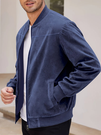 Casual and stylish navy blue jacket for men, lightweight with stand collar and full-zip design. Made of polyester blend, ideal for spring and autumn.