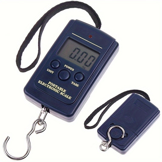 Lightweight portable luggage scale with hidden hook, high precision, battery operated, blue color. Package includes wet wipe and dry clean instructions.