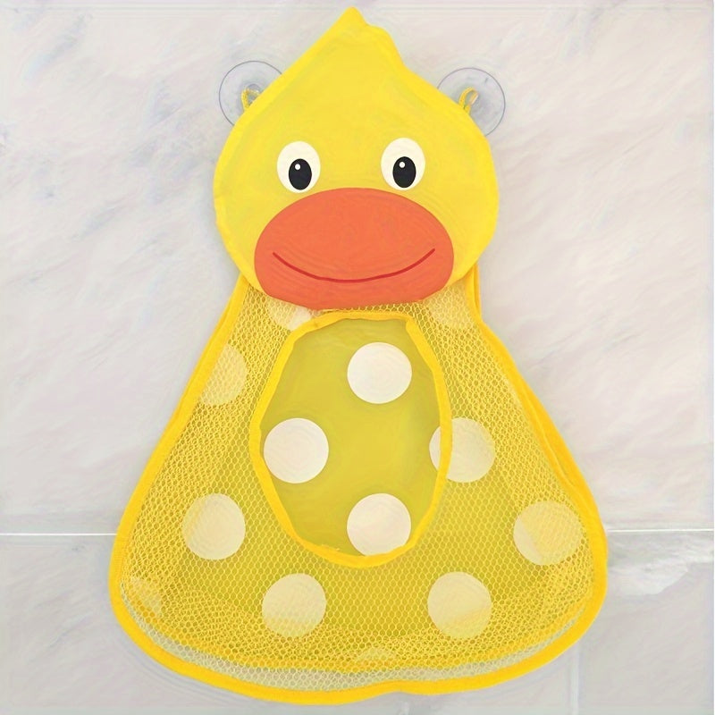 Large capacity mesh storage bag featuring cartoon animal designs, including a duck, frog, tiger, and panda. Comes in a 1-piece set with suction cups for hanging. Can be used for storing toys or other items. Measures 39.98 * 31.98 cm.