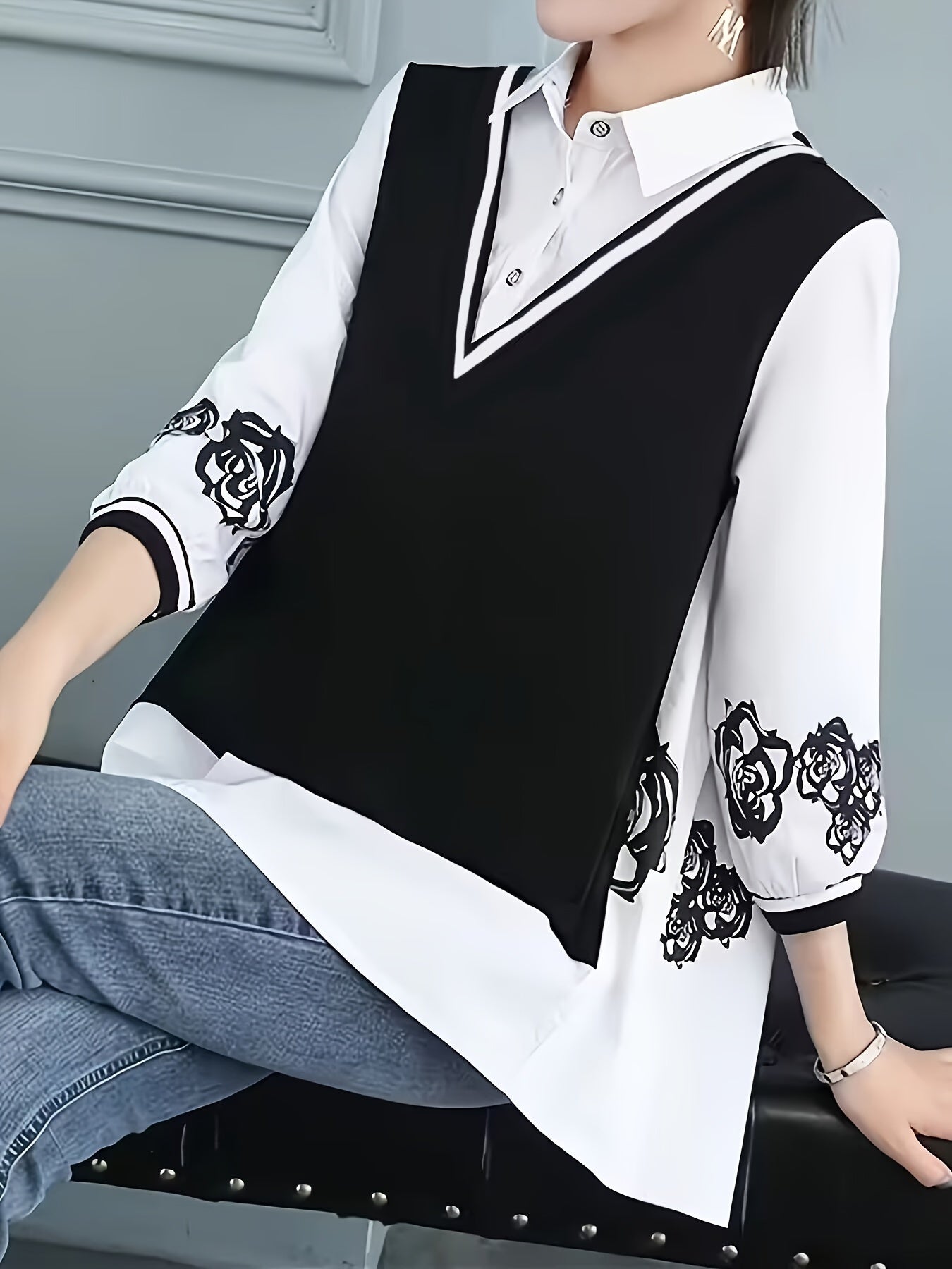 Stylish white and black chiffon shirt with random print design, featuring a unique fake two-piece design for a high-end look.