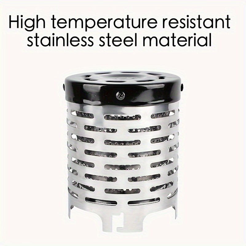 Compact stainless steel camping heater suitable for various stove heads, ideal for outdoor activities such as hiking and fishing.