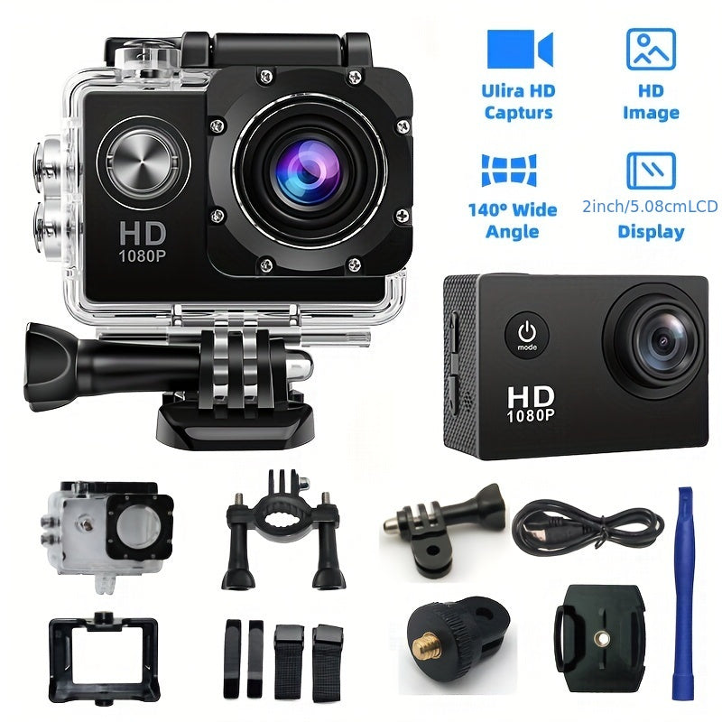 1080P HD Sports Camera with 2-Inch LCD Screen, 140° Wide Angle View, Installation Kit, 8GB & 32GB SD Cards, Rechargeable Battery - Ideal for Outdoor Activities, Camera Mount for Stability