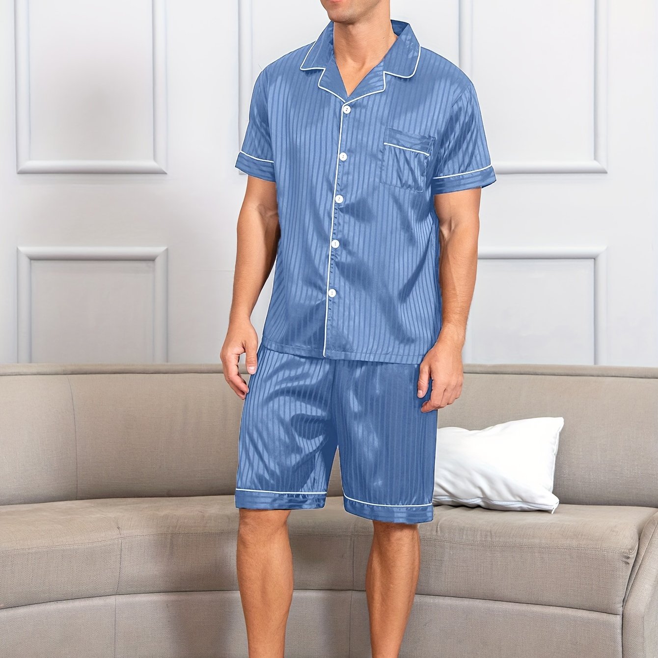 Men's reversible collar pajama set with silky, breathable fabric for summer