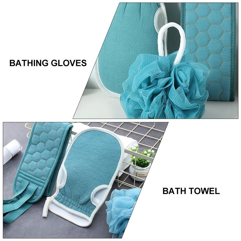 [Popular Choice] 3-piece Teal Exfoliating Bath Set for Women - Includes Loofah Sponge, Bath Glove & Back Scrubber Towel - Formaldehyde-Free, Deep Skin Cleansing Tools for Home