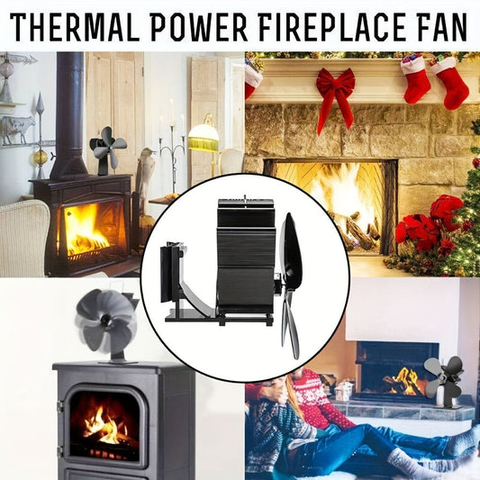 Aluminum fireplace fan with 6 blades and coil, wall-mounted heat-powered exhaust fan for stoves, includes portable accessories, no electricity required for wood-burning fireplaces.