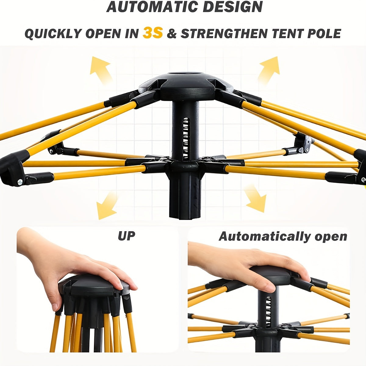 4-person pop-up tent with fiberglass poles, square Oxford cloth, 3-second setup, waterproof zipper closure, ideal for hiking, travel, and beach.