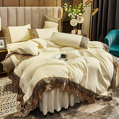 Modern luxury polyester duvet cover set with 2-3 pieces. Solid color with golden lace details. Soft, comfortable, and breathable with zipper closure. Suitable for bedroom, guest room, and