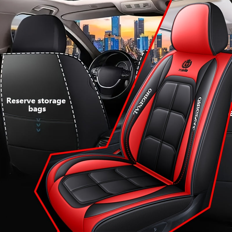 Durable PU leather car seat covers with red stitching and storage bags.