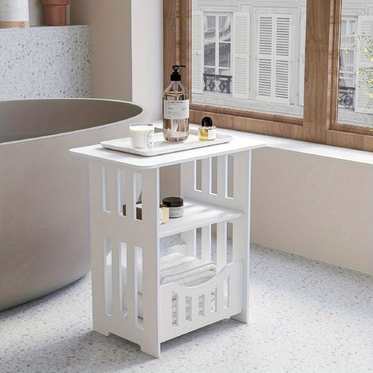 White Scandinavian-Style Side Table with Storage Shelves, Perfect for Modern Living Room, Bedroom, or Office. Can Also Be Used as a Coffee Corner or End Table. Compact Wooden Design with Ample Space for Storage. No Electricity Needed. Ideal for