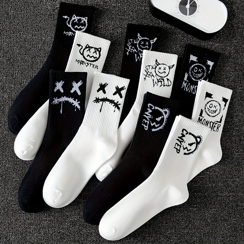 5 pairs of men's black and white graffiti pattern crew socks, comfortable and breathable, suitable for all seasons.