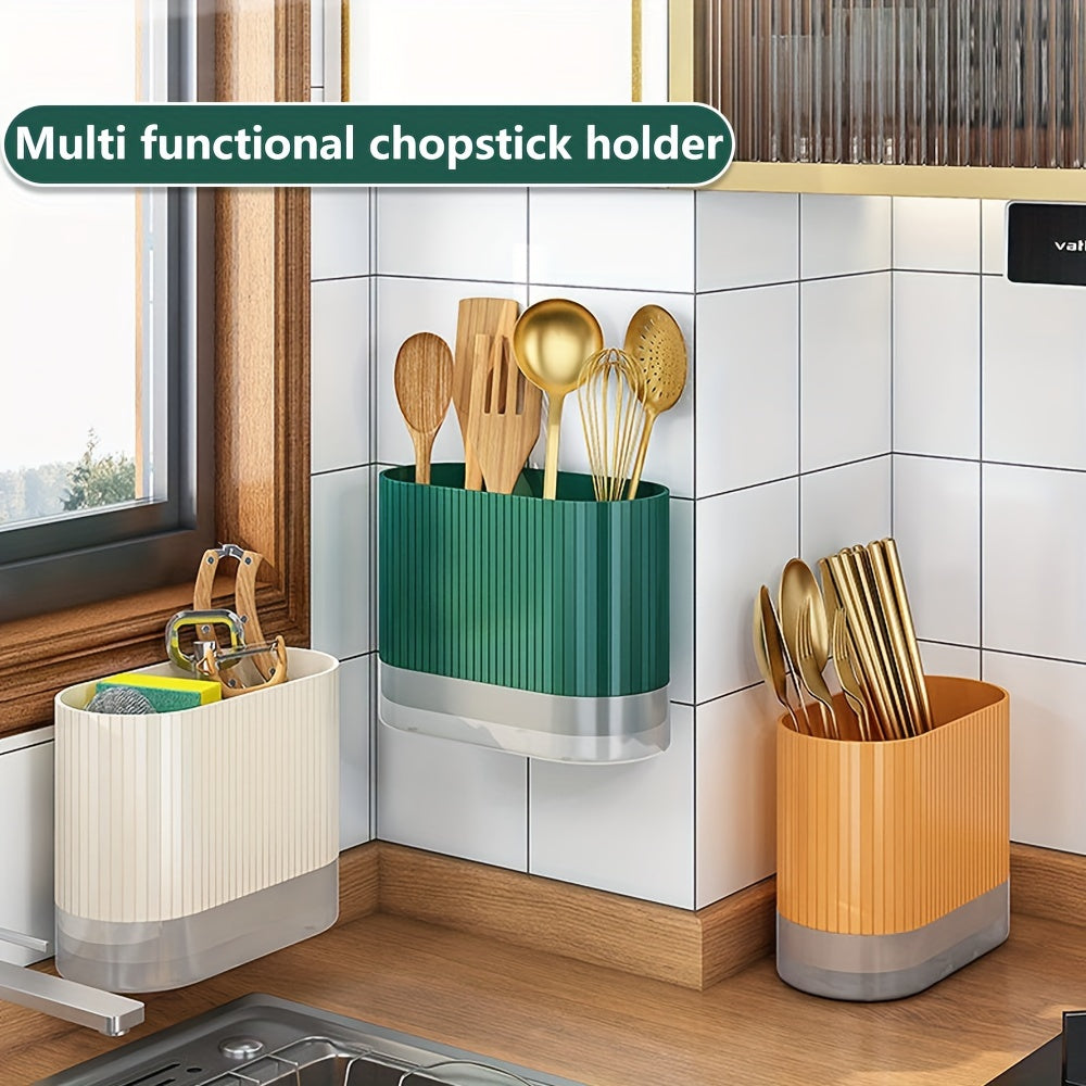 Kitchen Utensil Organizer: Wall-Mounted Holder for Chopsticks, Spoons, and Forks - Features Drainage System and Durable Plastic Storage Caddy