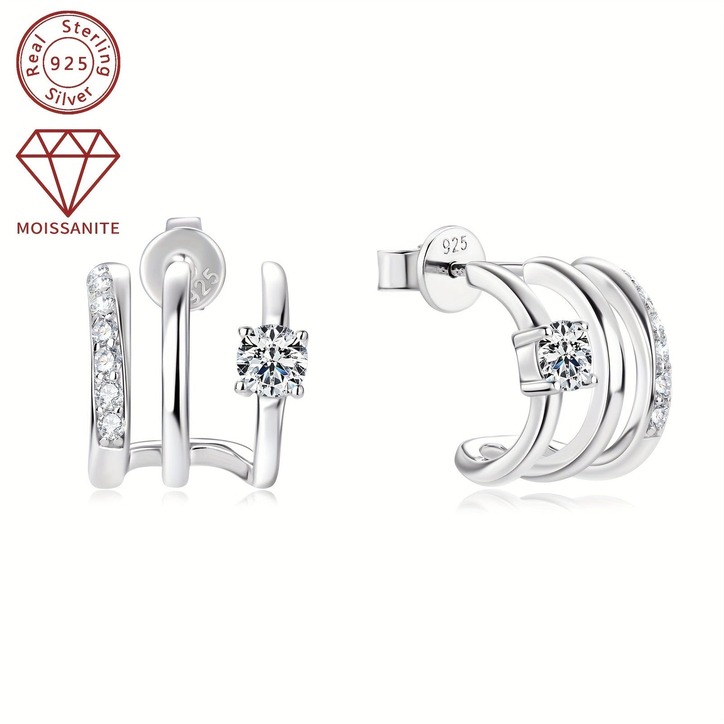 These stunning Moissanite earrings feature a total weight of 4.09g and are set with 4mm*2pcs, 1.6mm*14pcs, and 0.42ct*2pcs Moissanite stones. Crafted from 925 Sterling Silver, these Women's Fashion Half-Open Three-Ring Earrings are designed as a pair and