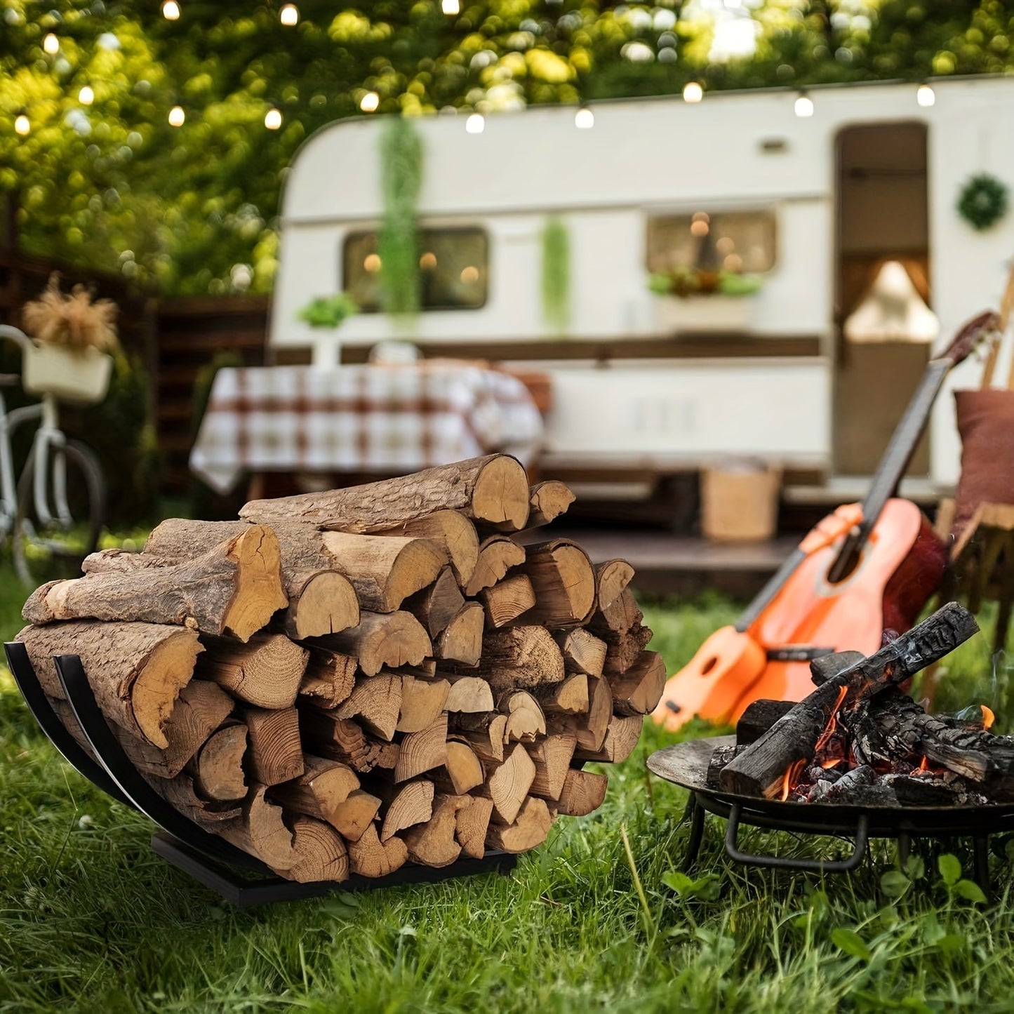 Metal firewood rack with curved design, perfect for storing firewood indoors. Made of steel, this log holder is ideal for fireplaces, fire pits, patios, and more. It has a large capacity, is rust resistant, and features a non-tipping structure.