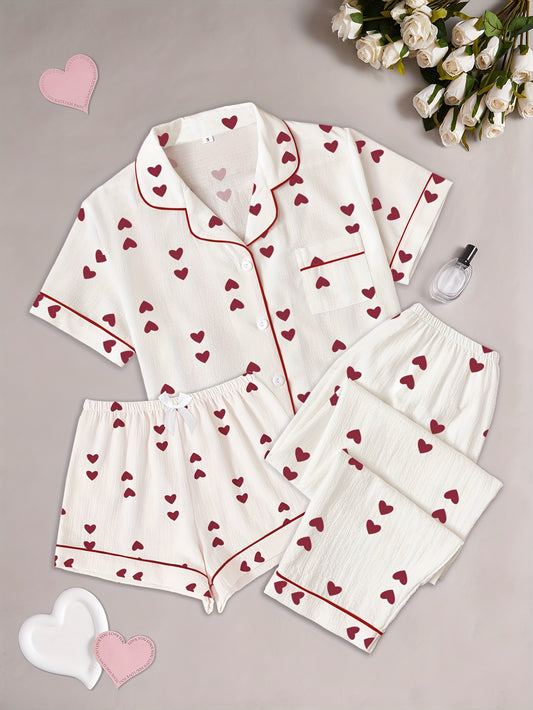 Women's pajama set with heart print shirt, bow tie, shorts, and long pants in casual polyester, all-season sleepwear for adults.