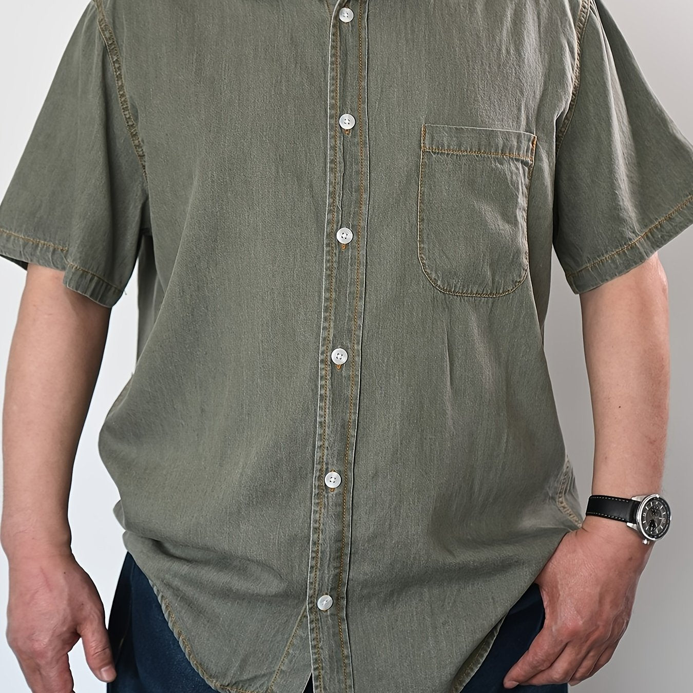 Summer-ready plus size men's denim shirt with vintage flair, V-neck, and button detail. Cotton and lyocell blend, machine washable. Plus size.