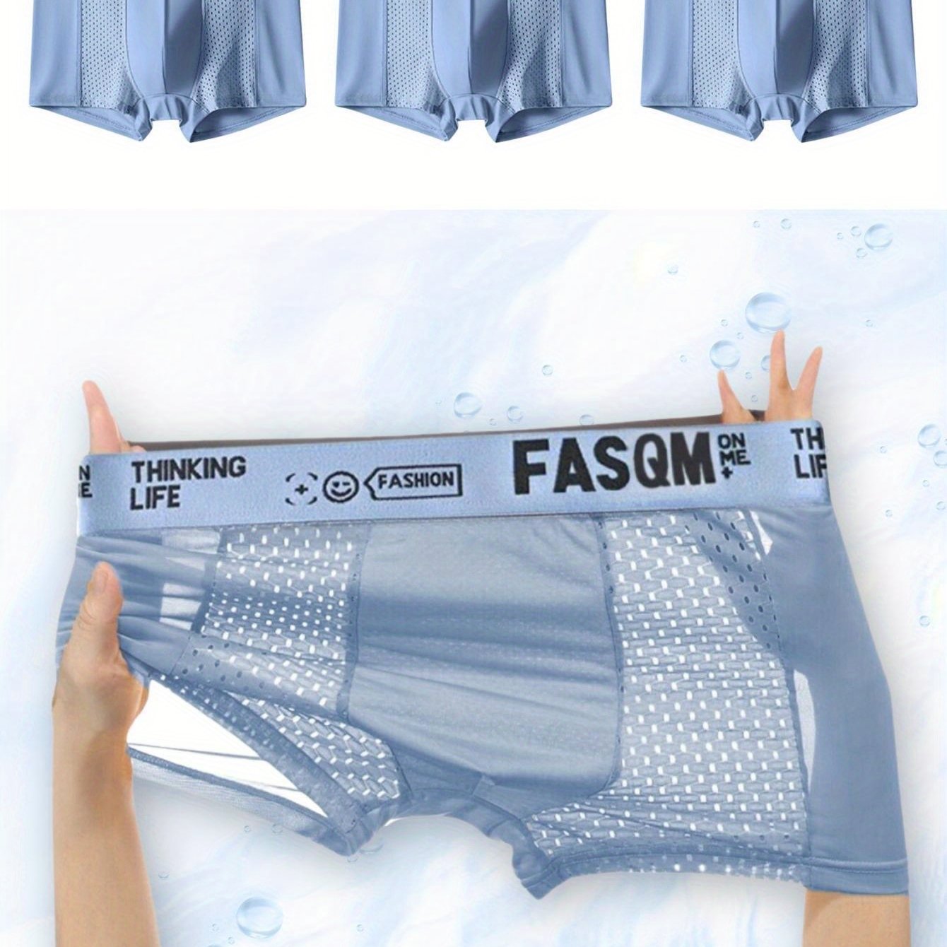 3-Pack Men's Boxer Briefs with Breathable Mesh Patch and Stretchy Polyester, Solid Colors in Sky Blue, Black, and Deep Gray