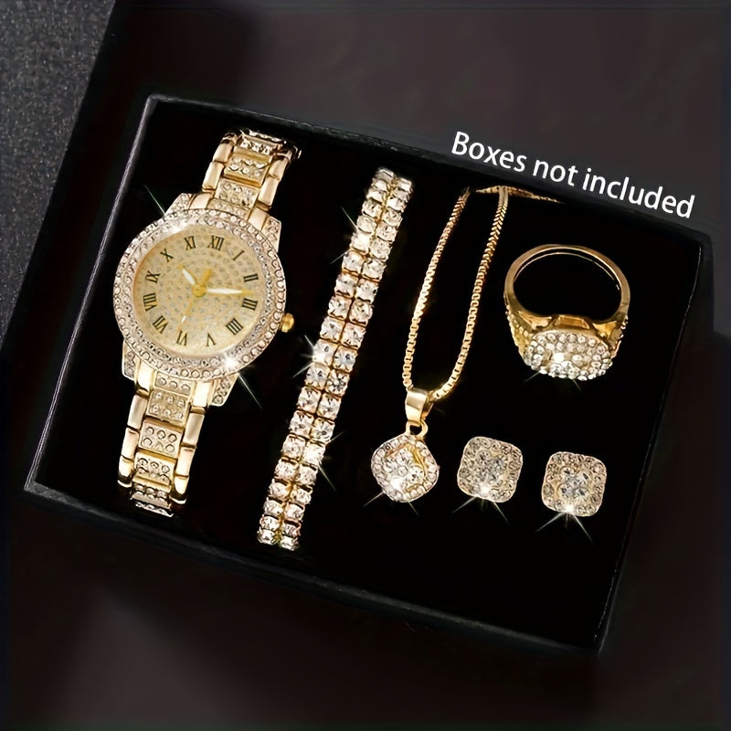 Set of 7 Women's Golden Quartz Watch & Jewelry, includes minimalist wristwatch, necklace, bracelet, ring, and stud earrings.