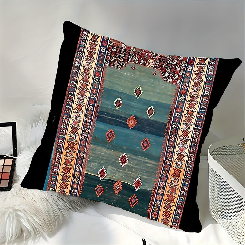 Soft polyester throw blanket with a short plush texture measuring 45.72x45.72 cm - featuring an antique Turkish Kilim design that is ideal for enhancing the décor of your living room, sofa, or bedroom. This blanket is machine washable and has a zip