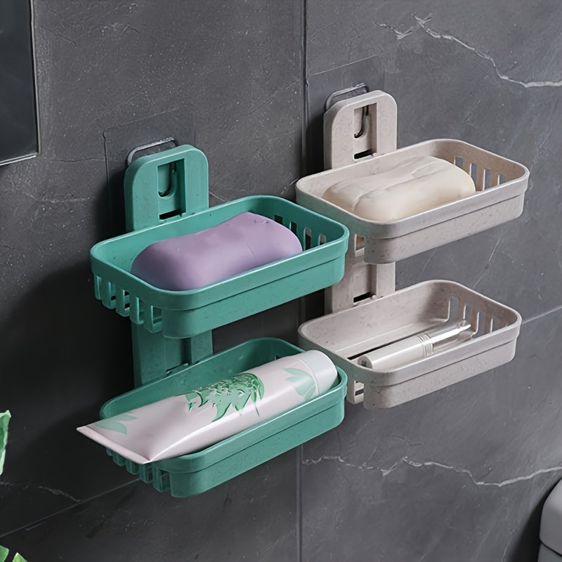 Wall mounted double-layer soap holder with drain tray for home bathroom.