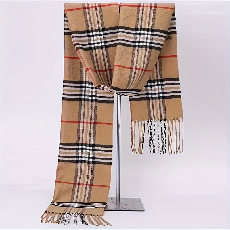 Soft and warm woven polyester men's scarf with classic checkered stripe design and fringe detail - 1 piece of classic style scarf.