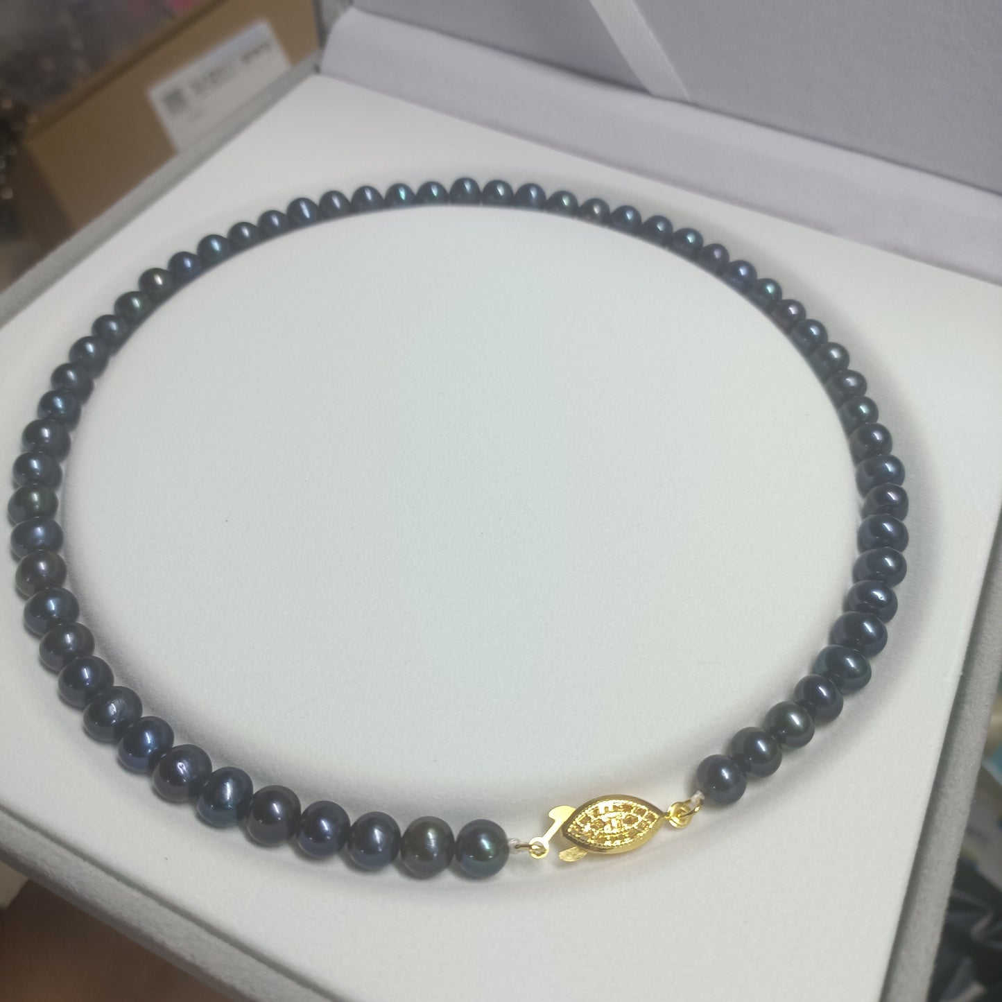 Handmade Freshwater Pearl Necklace with Silvery Cut-Out Clasp - Long, Unisex Design with Gift Box and Personalized Message. Ideal for June Birthstones, Weddings, Birthdays, Anniversaries, or as a unique gift for Him or Her. Normal growth blemishes may be