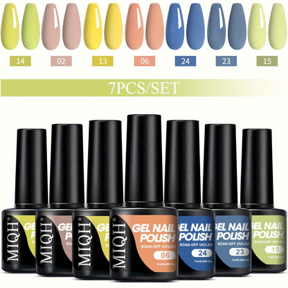 7-piece gel nail polish set in black, white, and nude shades. Semi-permanent, soak off UV/LED varnish. Unscented for hands, feet, and nails.