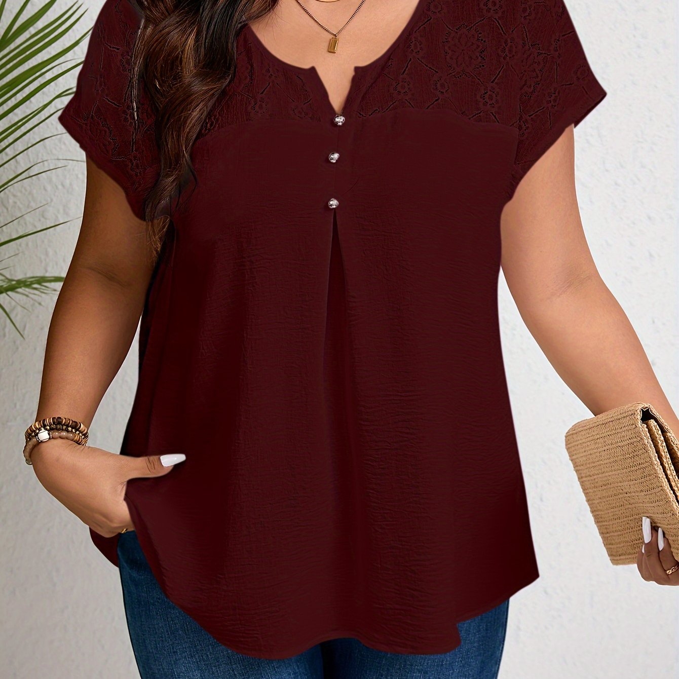 Plus Size Lace Top with Button Details, Short Sleeve Notched Neck, Perfect for Spring & Summer