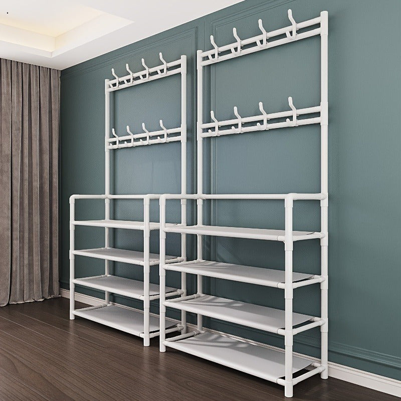 Get organized with the 1pc Modern 5-Tier Plastic Shoe Rack featuring 18 Hooks. This freestanding, waterproof coat and shoe organizer is perfect for your home entrance or dormitory. With easy assembly and sturdy construction, no electricity is needed. It