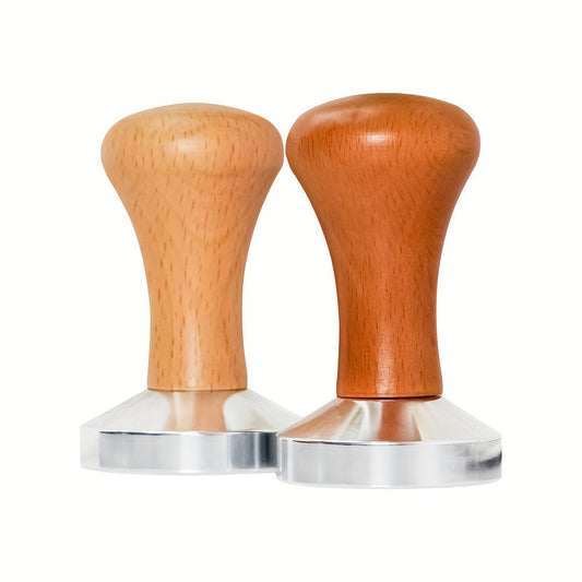 Ideal for baristas and espresso enthusiasts, this 1pc handmade wooden coffee tamper features a ripple base and calibrated pressure for perfect tamping.