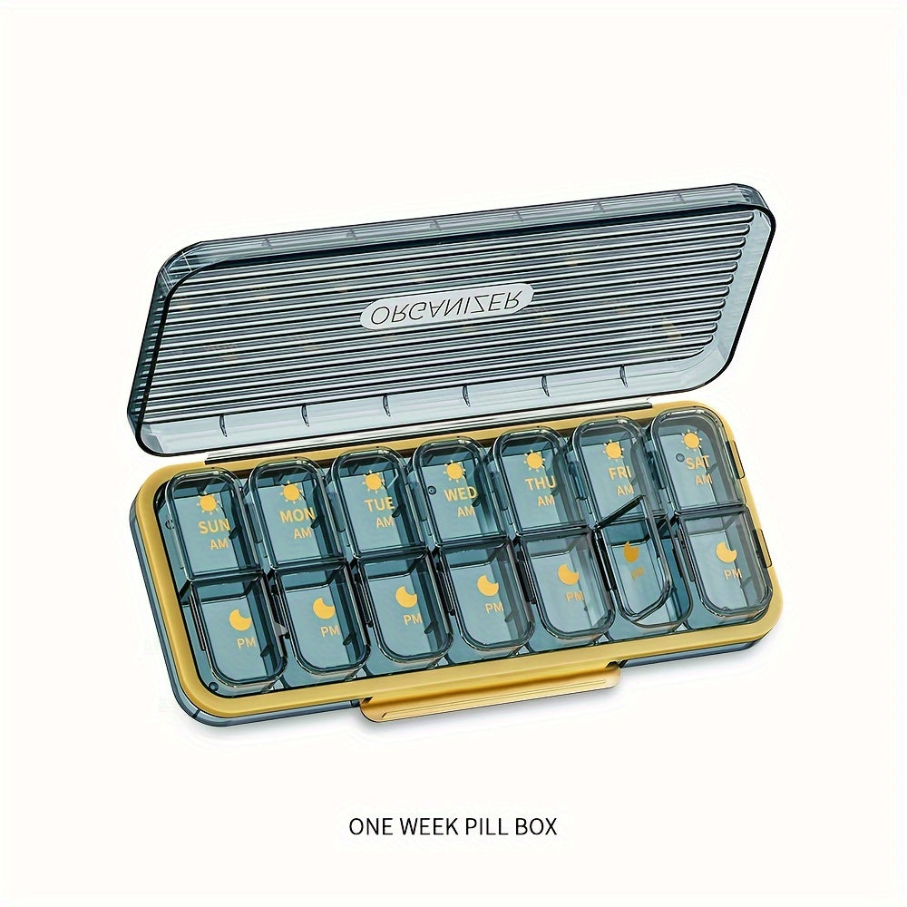 Weekly pill organizer with 14 compartments, modern design, strong plastic case with polypropylene backing