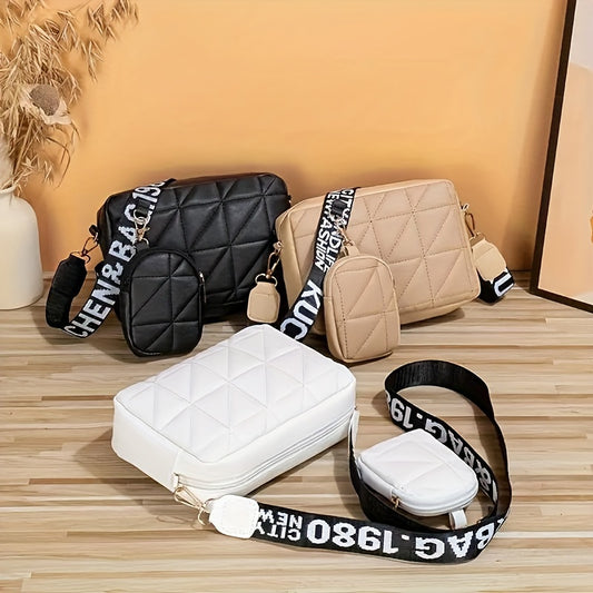 Set includes 2 fashion quilted crossbody bags with mini coin purse, camera bag with zipper closure