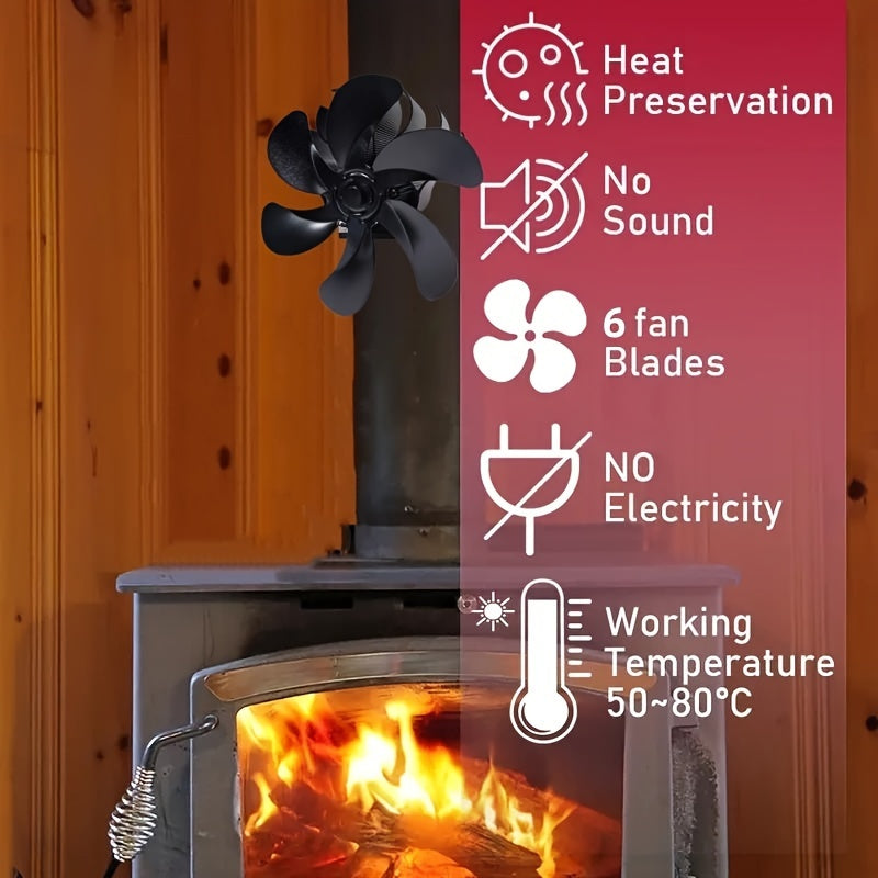 Upgrade your wood/log burner with the 6-Blade Heat Powered Stove Fan. This quiet, high-speed chimney fireplace fan is wall-mountable and designed to increase heat distribution. Enjoy the benefits of low noise and stove top protection with this improved