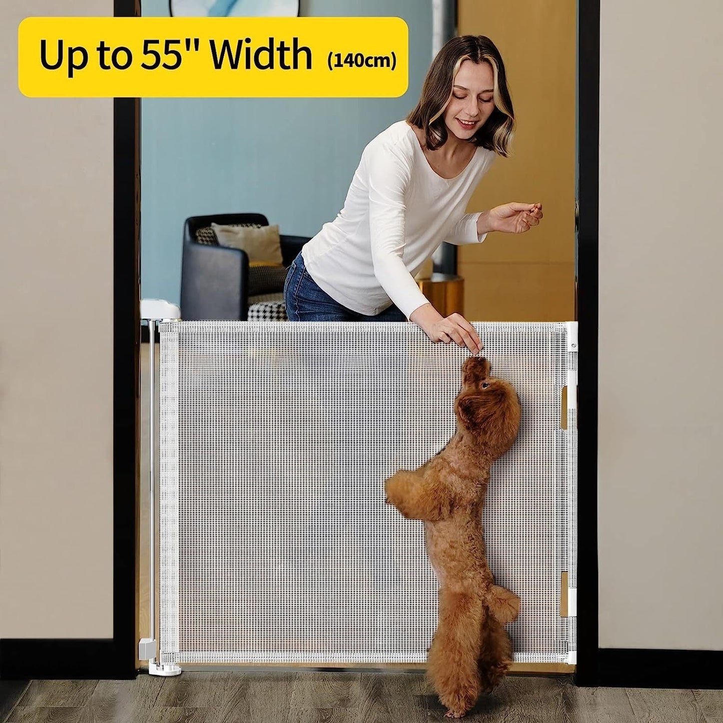 Baby gate options include a retractable mesh gate or a mesh dog gate, standing at 83.82cm tall and extending up to 139.7cm wide. This child safety gate is suitable for doorways, stairs, hallways, and can be used both indoors and outdoors.