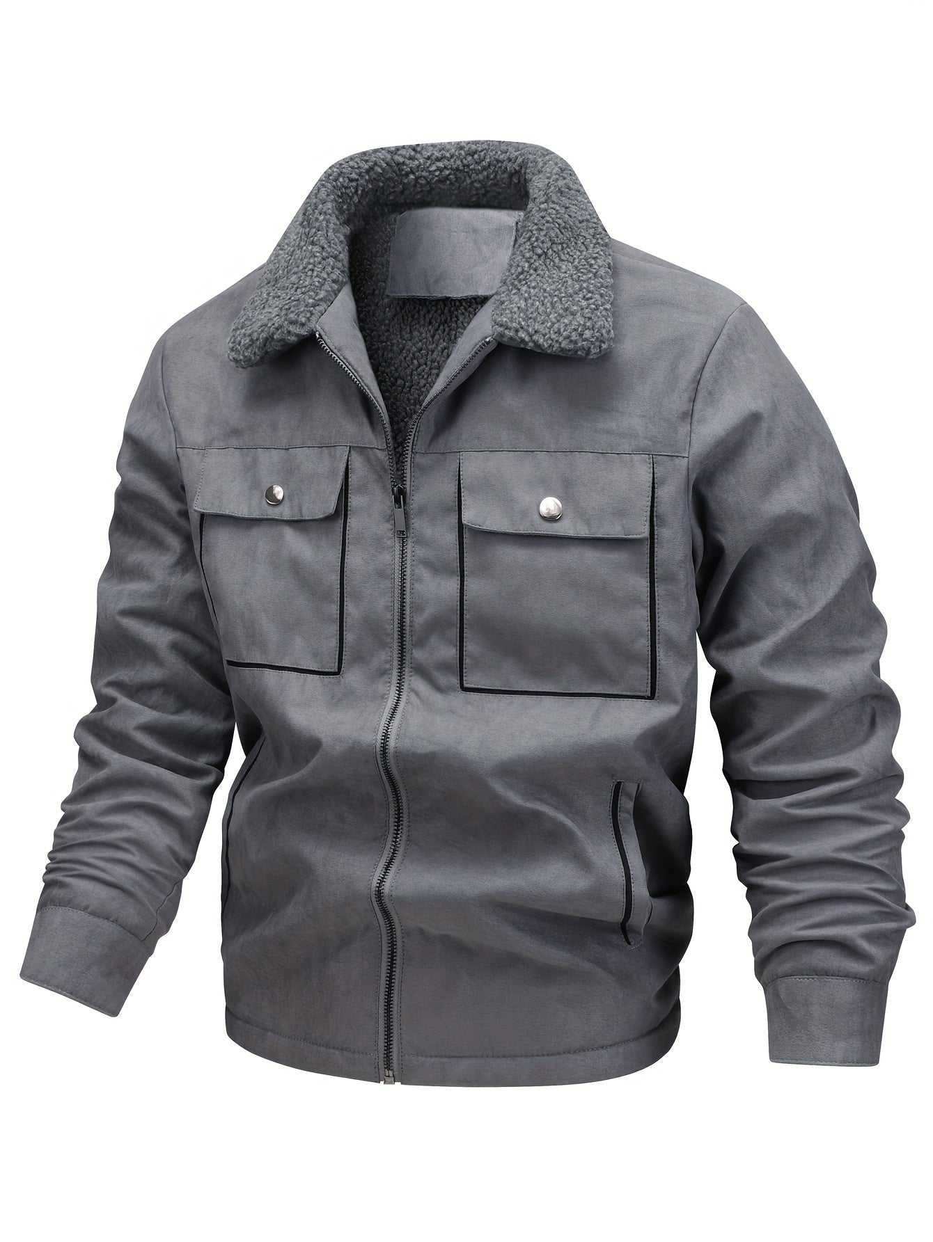 Men's Winter Fleece-Lined Warm Jacket - Brown, Zip-Up Closure, Pockets, Turn- Collar - Outdoor Coat