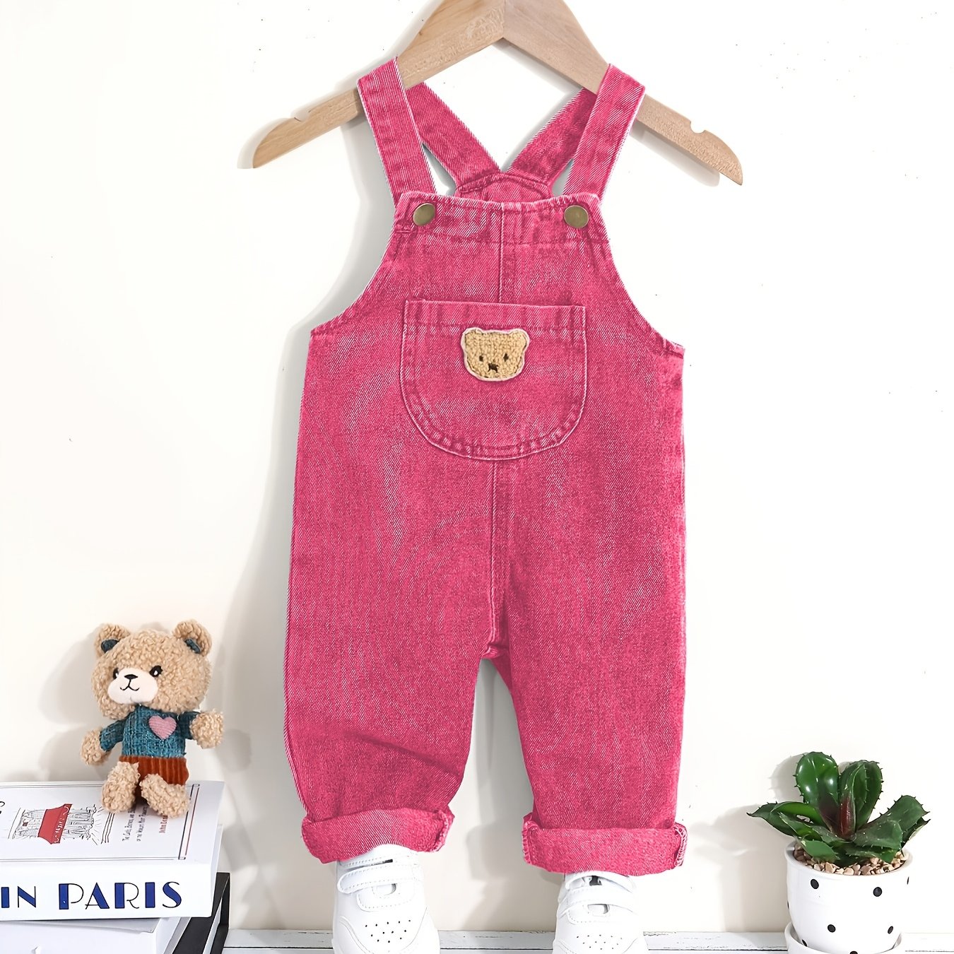 Boys' green denim overalls with bear patch - blend fabric, machine washable, casual style for fall/winter, great for outdoor wear.