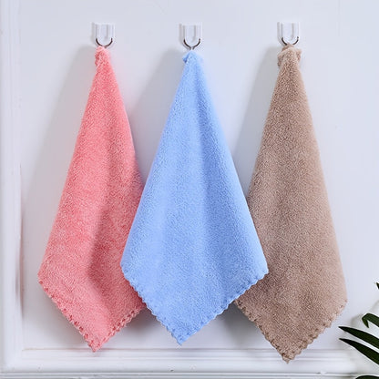 Set of 4 Coral Fleece Square Towels with Lace Trim, Luxuriously Soft and Absorbent Kitchen Cleaning Cloths, Lightweight Knit Hand Towels for Various Living Spaces, Modern Terrycloth Napkins for Everyday Use