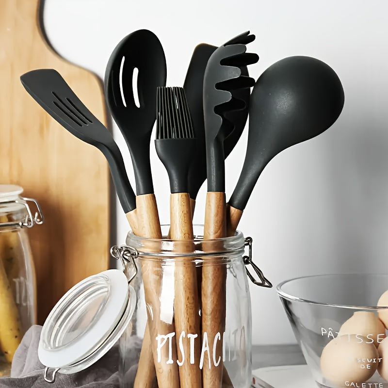 Silicone Cooking Utensil Set with Wooden Handles - Includes Spatula, Whisk, Spoon, Knife - Non-Stick and Heat Resistant - Dishwasher Safe - Perfect for Home and Restaurant Cooking