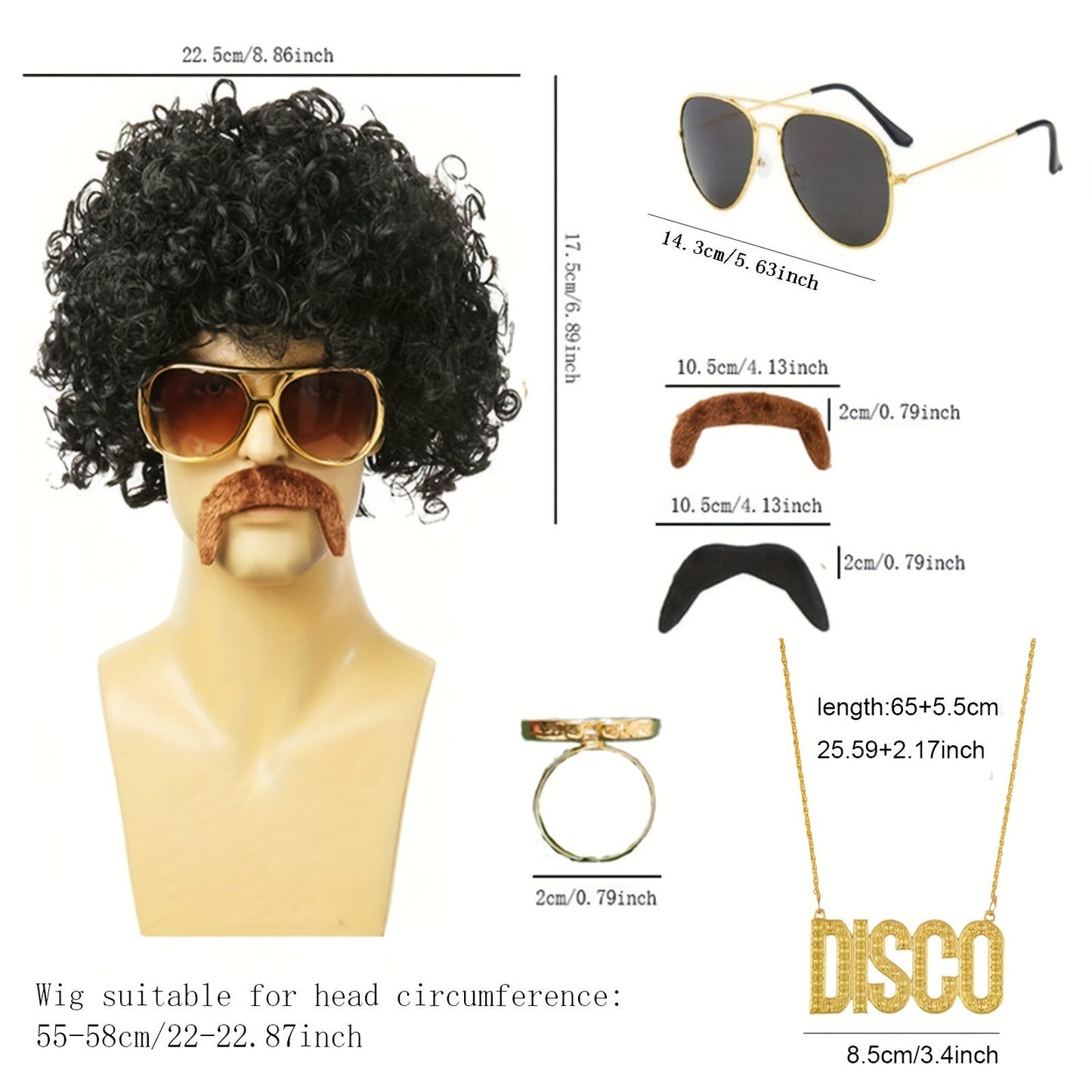 6-piece set of 70s 80s Disco Wig Costume Set features Disco Hippie Short Curly Wig, Disco Fashion Glasses, Moustache, and Faux Golden Chain Necklace perfect for Disco Men Party or Halloween Party Dressing Up.