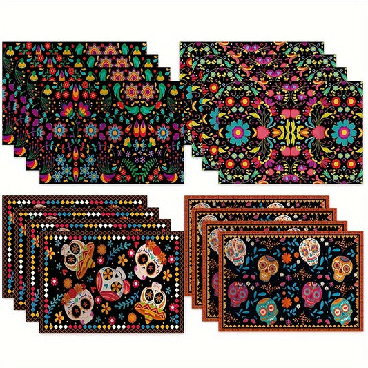 4 Sugar Skulls Day of the Dead placemats with colorful floral patterns for festive dining and home decor.