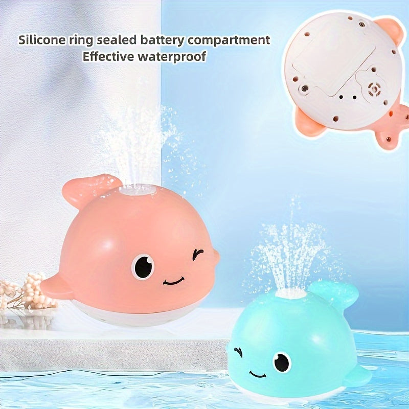 Electric light sensing water spraying whale toy, a fun novelty toy for children's bath time and holiday gifting. Batteries not included.