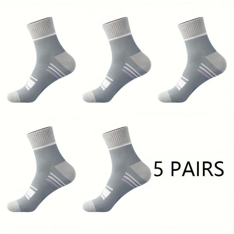 5 pairs of men's comfy, breathable crew socks with stripes, perfect for winter and autumn.