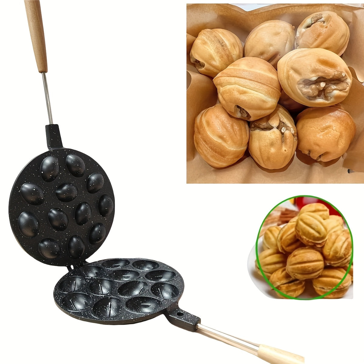 Household oval waffle baking pan with walnut cracker and cookie making features suitable for gas nuts baking.